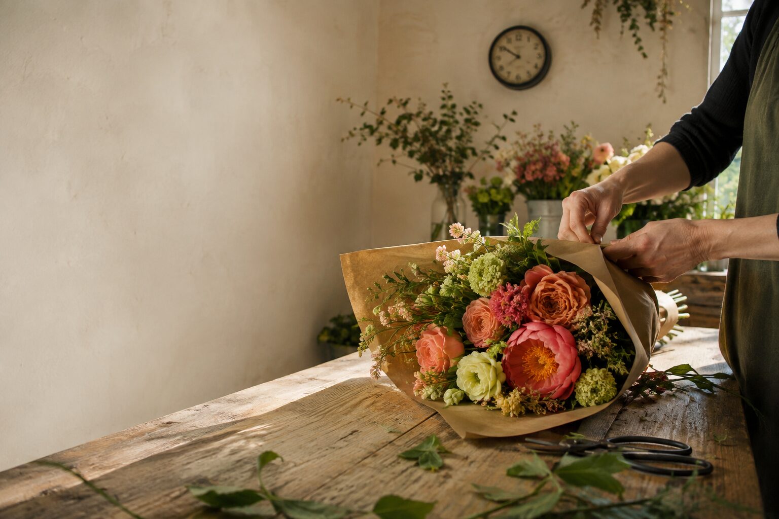 A florist wrapping a colorful bouquet by hand at a wooden worktable